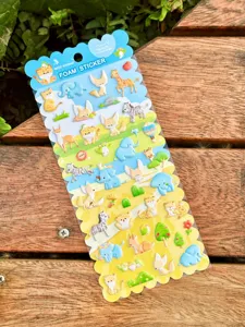 Cute 3D foam animal stickers detail shot featuring colorful elephants and giraffes inside.