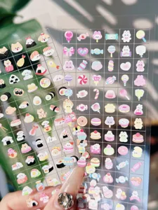 Transparent mini cute stickers sheet featuring adorable dogs, cats, sushi, candy, and rabbit designs.