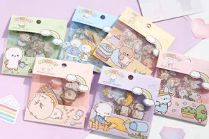Detailed closeup of NEKONI cute cartoon animal decorative sticker packs, stationery sets.