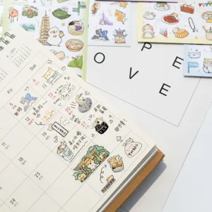 Close-up detail of cute cat and dog city tour waterproof PVC planner decorative stickers.