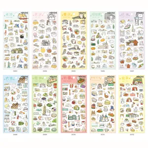 NEKONI cute city theme waterproof PVC planner stickers set, 10 sheets cute animal stationery.