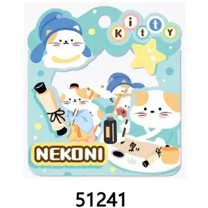Close-up detail of cute cartoon cat sticker card featuring lovely stationery design and vivid colors.