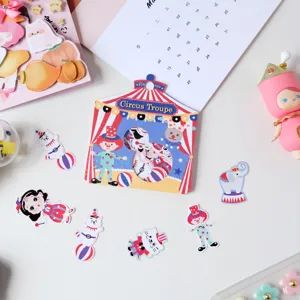 Cute cartoon circus clown and animal decorative journaling stickers set for diary and craft projects.