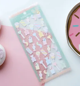 Cute macaron pastel decorative paper sticker sheet featuring sweet candy and bear designs.