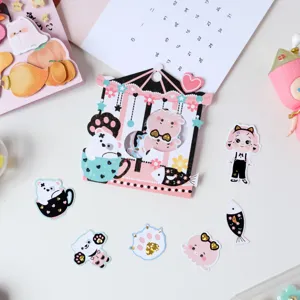 Cute cartoon girl journal stickers set with carousel card and decorative scrapbooking elements.