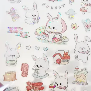 Cute cartoon white rabbit holographic waterproof PVC stickers for phone decor and journal.