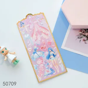 Detailansicht des bunten PVC Anziehaufkleber Sets mit süßem Animemädchen und modischen Kleidern.