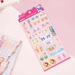 Cute cartoon bear guide sticker detail, adhesive memo label sheet for journal and note decoration.
