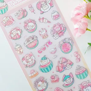 Close-up detail of cute watermelon cartoon animal PVC decorative stickers for journal cups.