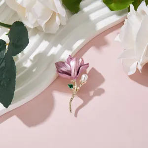 Enamel Camellia Flower Brooch Elegant Zinc Alloy Artificial Pearl Pin For Women Fashion Suit Scarf Shawl Dress Jewelry Accessories