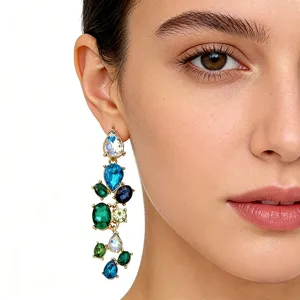 Colorful crystal gemstone drop earrings detail view, elegant fashion long chandelier jewelry.