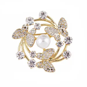 Elegant Butterfly Brooch Zinc Alloy Rhinestone Imitation Pearl Corsage Pin Fashion Jewelry Suit Dress Accessories