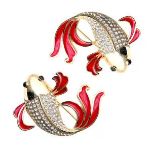 Gold-plated red enamel crystal koi fish brooch detail, elegant Chinese style clothing pin.