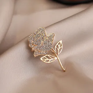 French Rose Flower Brooch Pin For Women Fashion Rhinestone Zinc Alloy Coat Collar Accessories Elegant Jewelry Gift