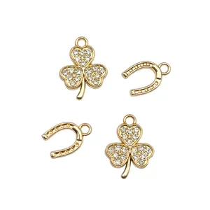 DIY Gold Plated Zinc Alloy Clover Horseshoe Charm Pendant Rhinestone Jewelry Making Accessories Craft Findings