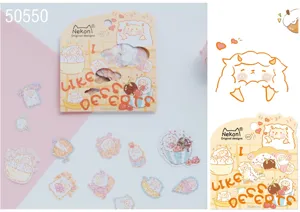 Detail view of cute sheep dessert stickers pack showing laser finish and packaging card design.