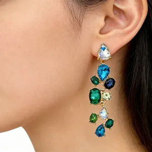Colorful crystal drop earrings, vintage multi-stone long dangle earrings for women daily wear.