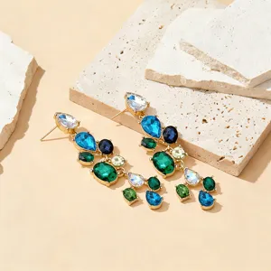 European American Retro Colorful Rhinestone Water Drop Pendant Earrings Fashion Alloy Long Drop Earrings For Women
