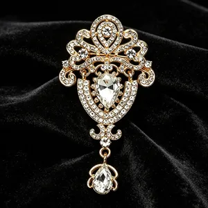Vintage Baroque Rhinestone Crystal Crown Brooch Elegant Luxury Alloy Waterdrop Brooch Pin For Women Jewelry