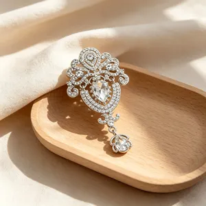 Vintage silver crystal rhinestone brooch ornate teardrop corsage women jewelry accessory
