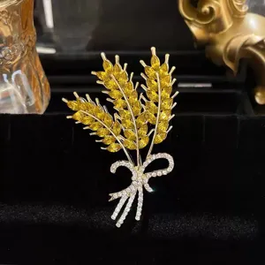 Exquisite gold wheat ear brooch with yellow crystals and rhinestone bow elegant jewelry for women