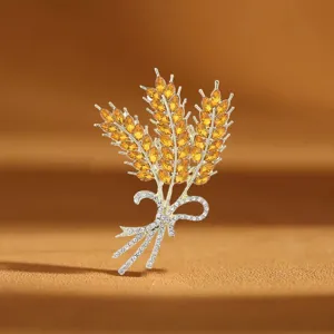 Exquisite golden wheat brooch detail, elegant crystal suit corsage accessory for women.