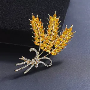 Elegant gold wheat brooch with yellow crystals and sparkling clear stones for women stylish wear