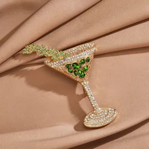Cocktail glass rhinestone brooch, exquisite green crystal design, elegant fashion accessory for women.