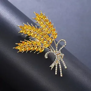 Exquisite golden wheat brooch detail, sparkling yellow and clear rhinestones elegant accessory.