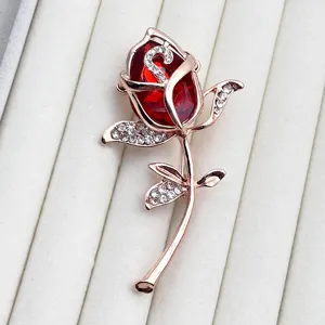 Rose brooch crystal rhinestone detail, elegant rose gold alloy lapel pin for suit dress.