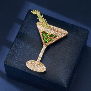 Cute cocktail glass brooch featuring sparkling rhinestones and green crystals, fashion jewelry.
