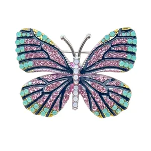 Elegant crystal butterfly brooch pin for women, fashion insect lapel badge apparel accessory.