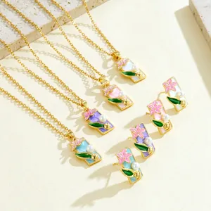 Chinese Style Painted Oil Painting Floral Artificial Pearl Enamel Square Pendant Necklace And Earrings Fashion Jewelry Set
