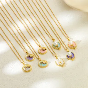 French vintage enamel pearl flower pendant necklace, exquisite gold chain detail view.
