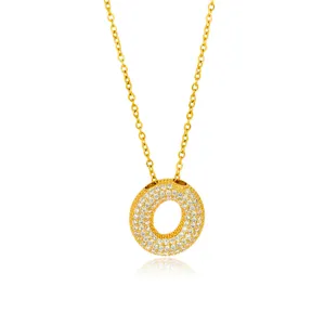 Chic copper cubic zirconia bubble letter necklace, stylish gold-plated pendant jewelry.