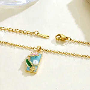 Chinese style painted oil flower imitation pearl pendant necklace retro jewelry fashion