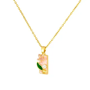 Chic Chinese style oil painting flower pearl enamel pendant necklace vintage gold chain jewelry