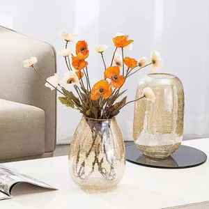Large crackle glass vase with colorful artificial flowers for modern home living room decor.
