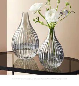 Close up of ribbed glass vase detail, elegant nordic home decor display, transparent.