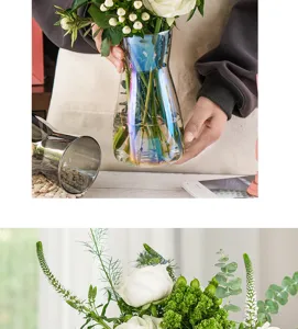 Nordic style transparent iridescent glass vase for fresh flower arrangement and home desktop decor.