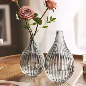 Nordic luxury transparent grey ribbed glass vase creative flower arrangement home decor
