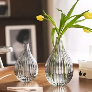 Nordic luxury grey glass vase set, modern fluted clear flower vase for home decor.