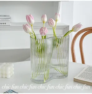 Clear ribbed glass flower vase modern aesthetic tulip arrangement centerpiece for table decor
