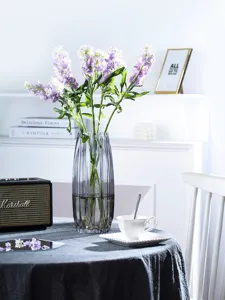 Transparent grey ribbed glass vase for home decor elegant flower arrangement floral centerpieces