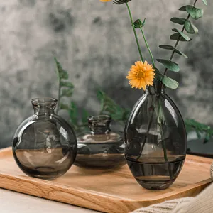 Miniature glass vase set for home decor, modern smoke grey transparent floral container