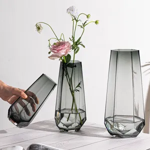 Nordic minimalist creative glass vase gradient grey geometric faceted flower arrangement for room