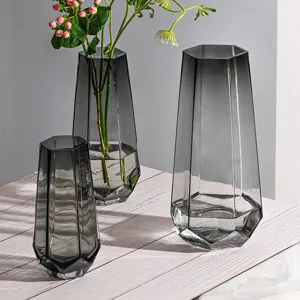 Nordic minimalist grey glass vase geometric flower arrangement living room decor