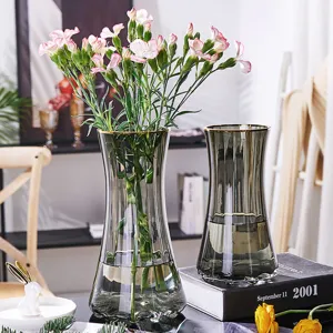 Nordische luxuriöse klare graue Glasvase mit Goldrand, elegante Blumendekoration.