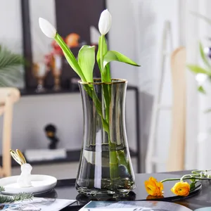 Skandinavische Luxus Glasvase mit Goldrand, transparente graue Blumendeko für das Zimmer.