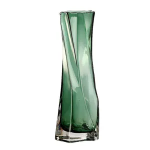 Moderno florero de vidrio verde con diseño trenzado creativo, ideal para decorar la mesa.